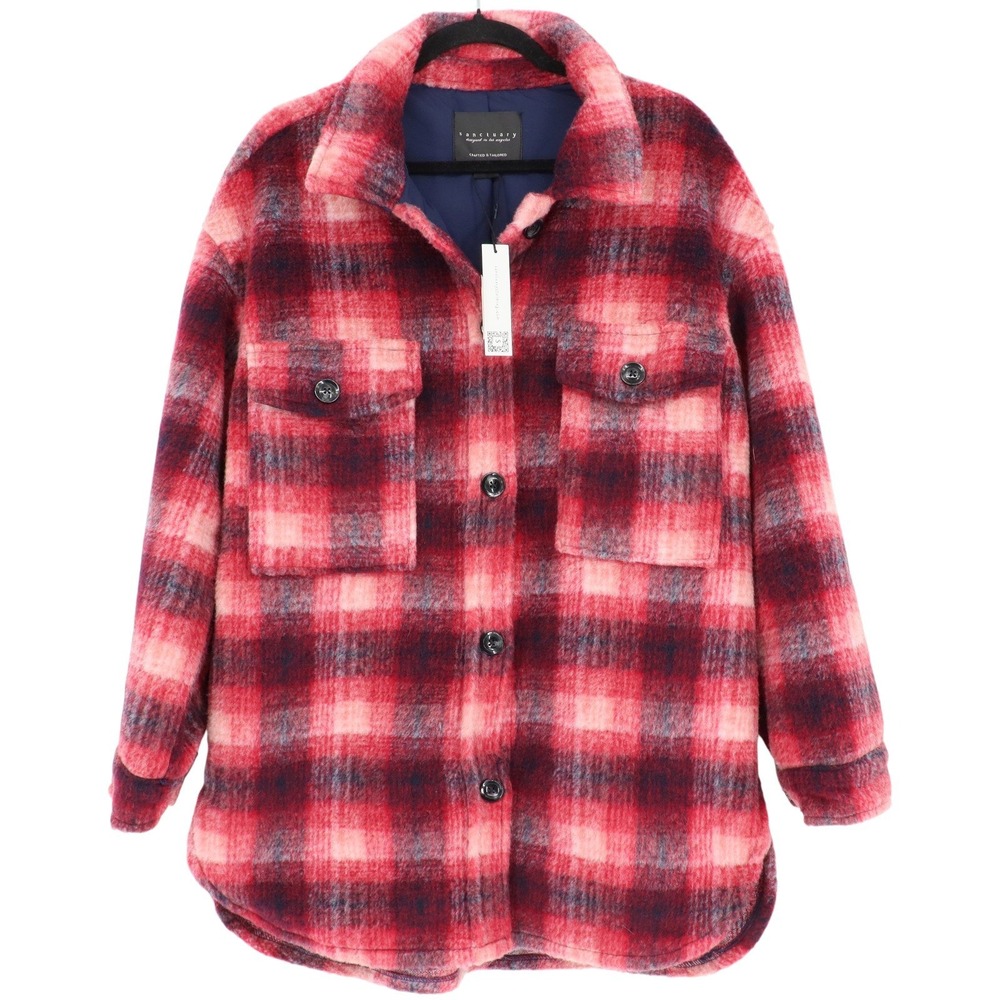 Sanctuary Women's Town Jacket Plaid Woodland Shacket Size L Red Blue Wool Blend